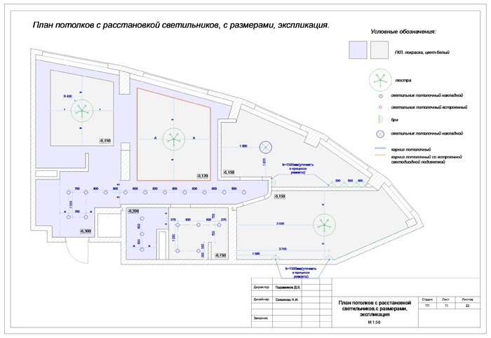 План потолков с расстановков светильников,с размерами